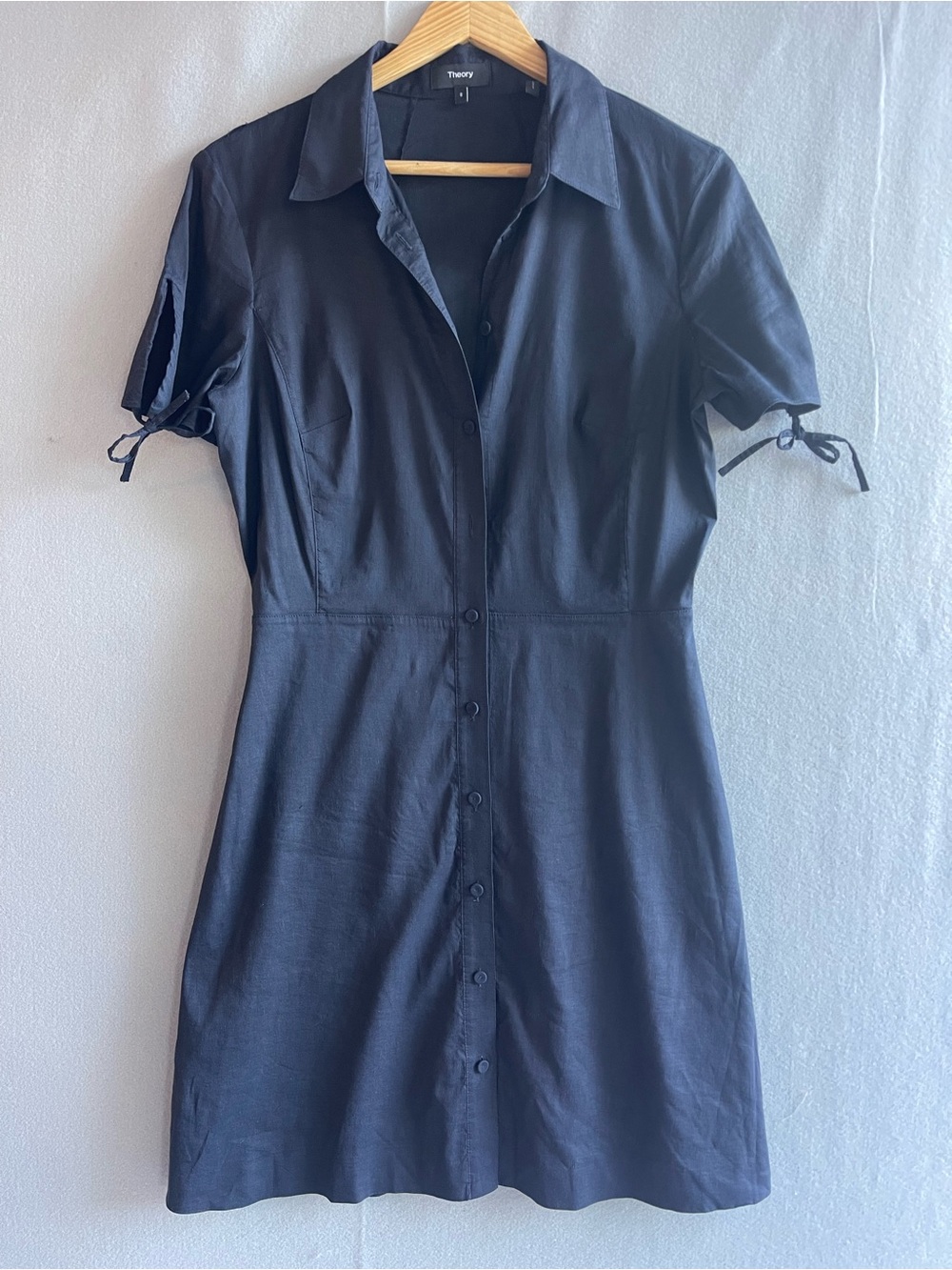 Theory Navy Linen Blend Tie Sleeve Button Down Shirtdress Size 8 Modern Classic